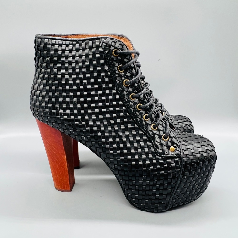 Jeffrey Campbell Boots Womens 10 Black Woven Lita Havana Last Platform Lace Up